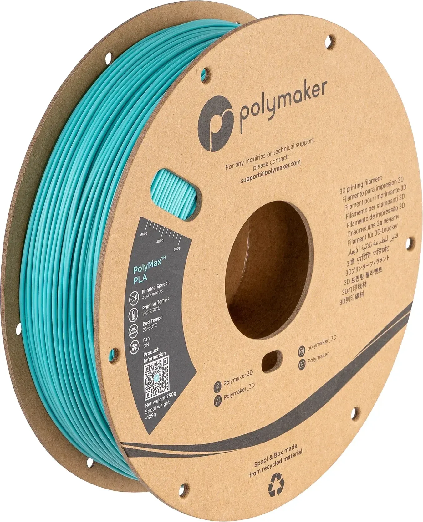 PolyMax PLA Polymaker Teal, 1.75 mm 1 kg spool, isometric view
