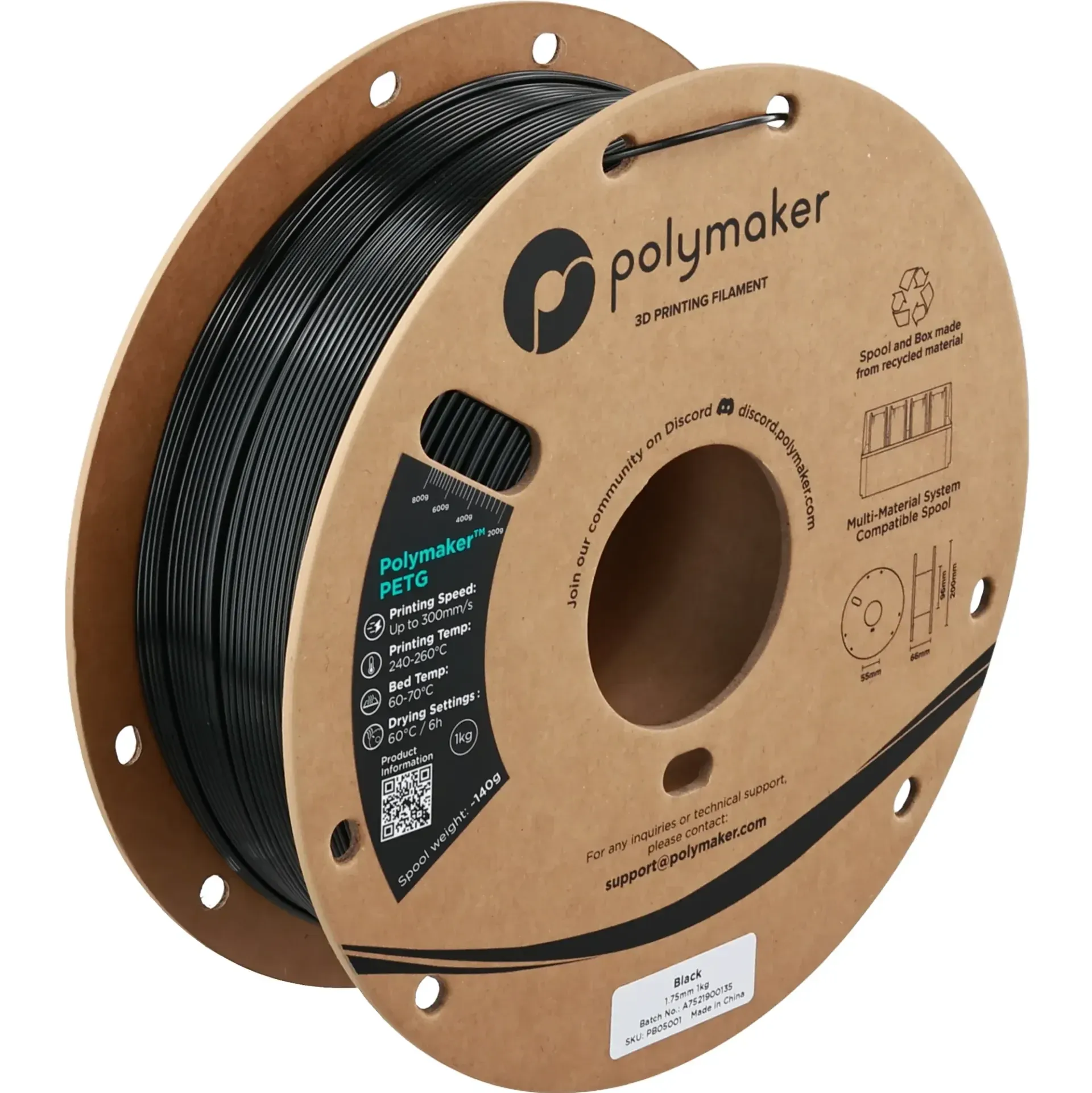 Polymaker PETG Black, 1.75 mm 1 kg spool with a printed example