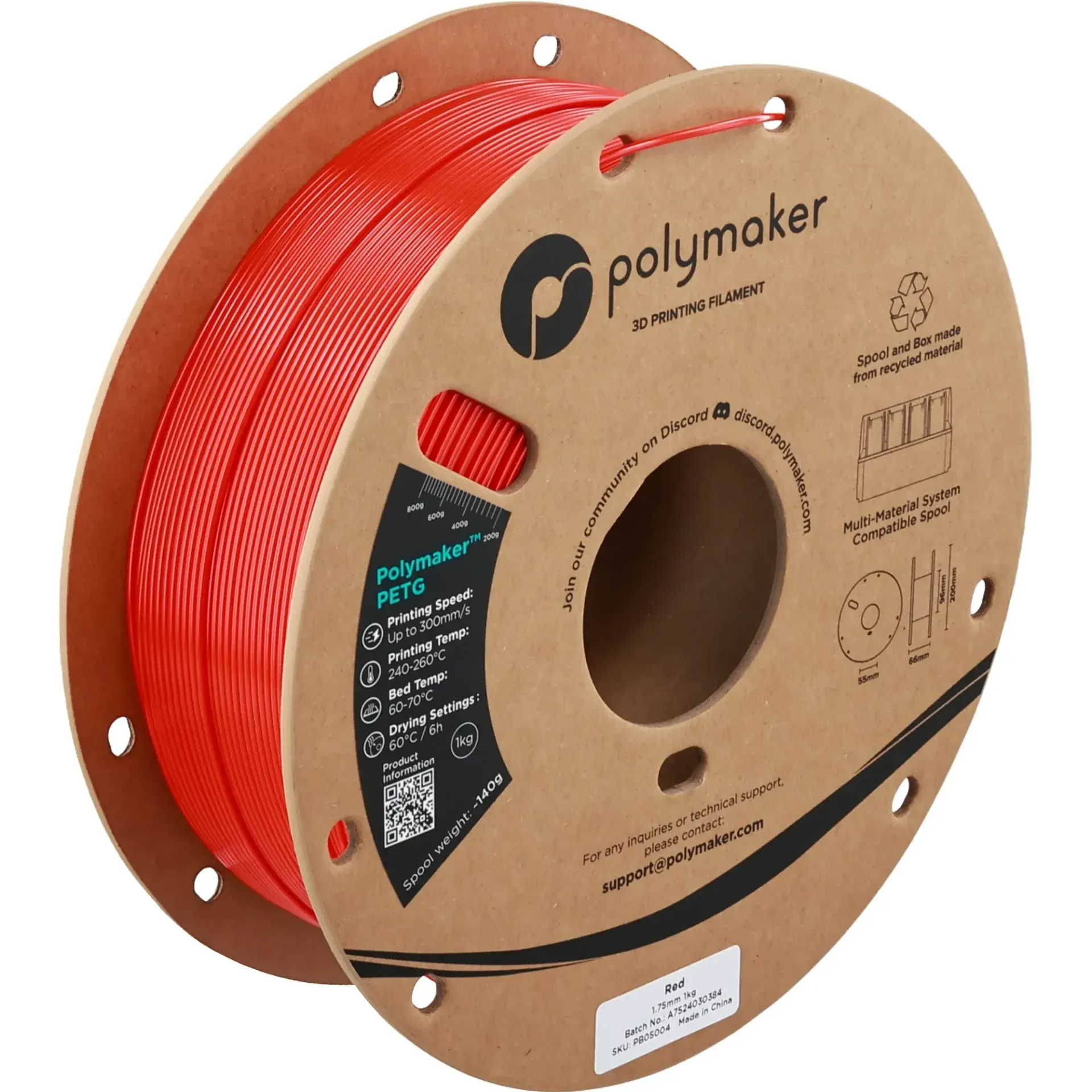 Polymaker PETG Red, 1.75 mm 1 kg spool with a printed example