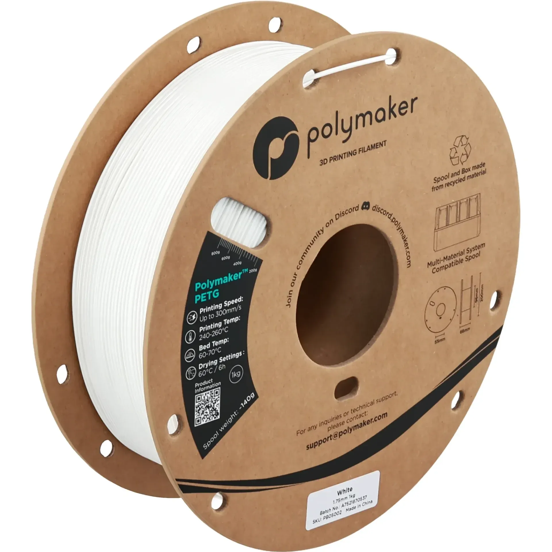 Polymaker PETG White, 1.75 mm 1 kg spool with a printed example