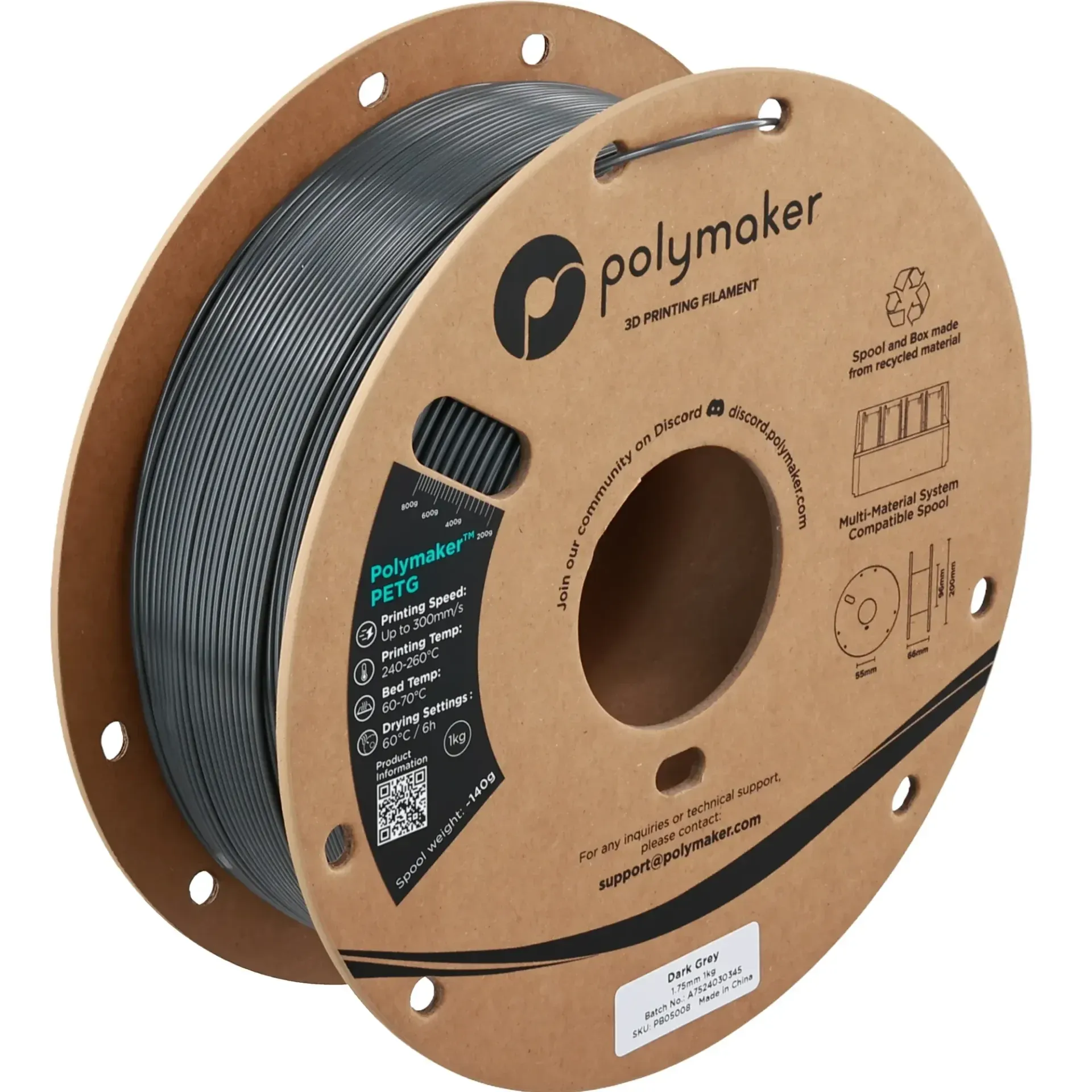 Polymaker PETG Dark Gray, 1.75 mm 1 kg spool with a printed example