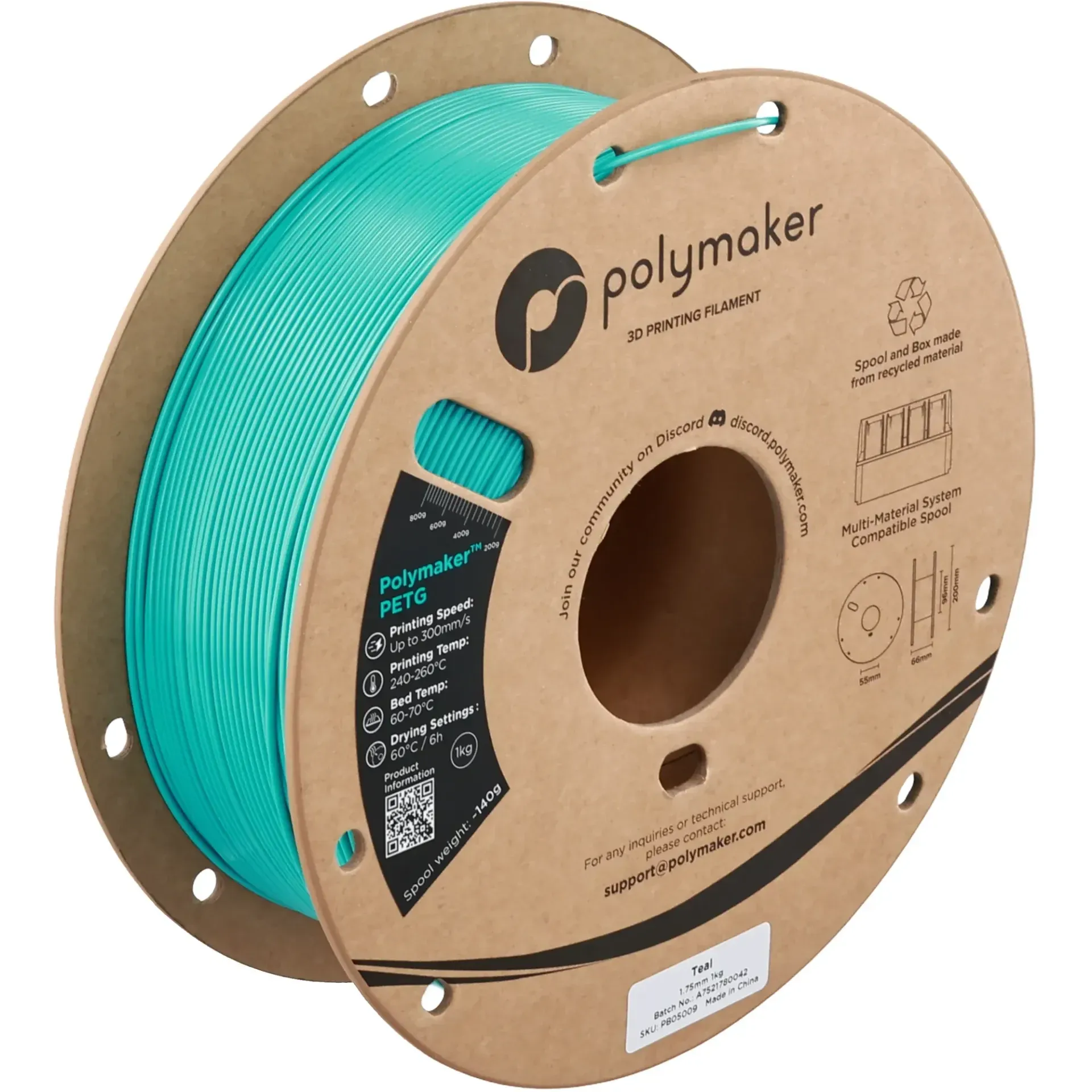 Polymaker PETG Polymaker Teal, 1.75 mm 1 kg spool with a printed example