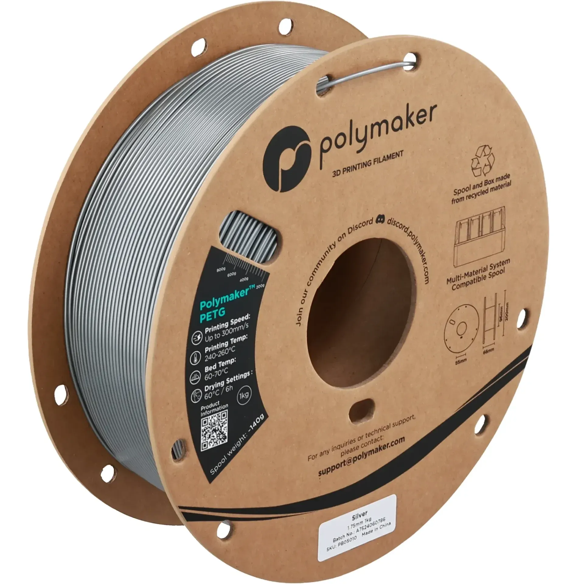Polymaker PETG Silver, 1.75 mm 1 kg spool with a printed example