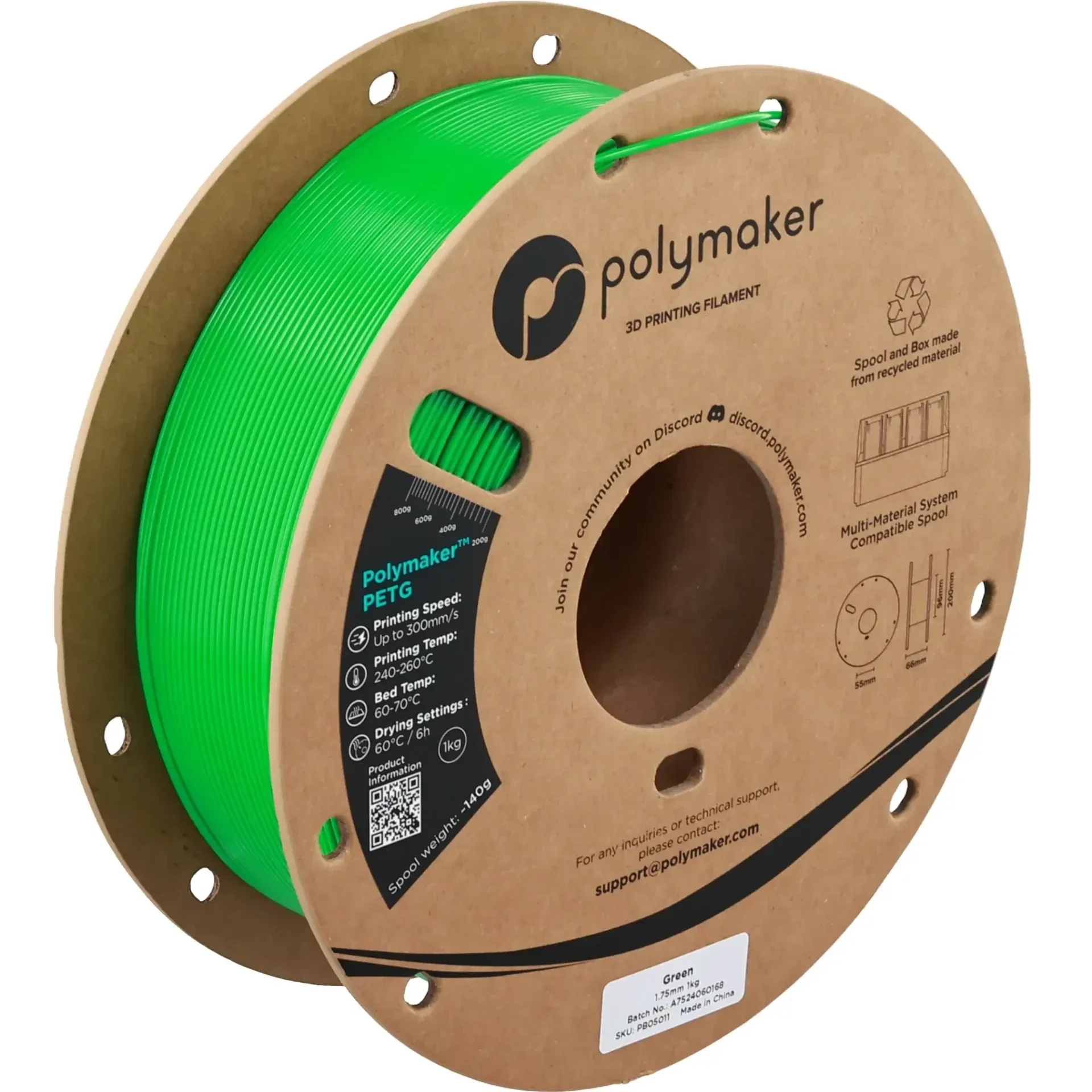 Polymaker PETG Green, 1.75 mm 1 kg spool with a printed example