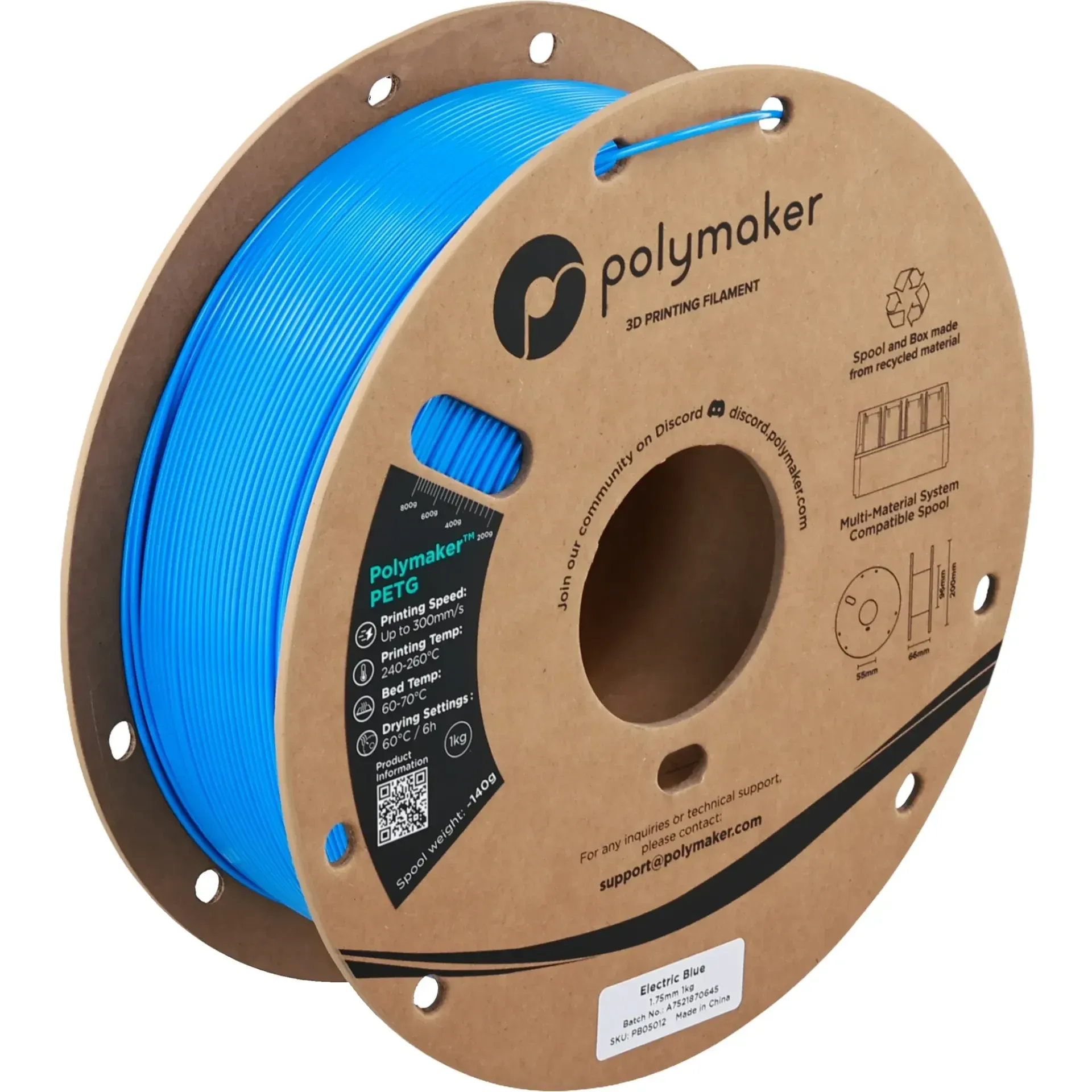 Polymaker PETG Electric Blue, 1.75 mm 1 kg spool with a printed example