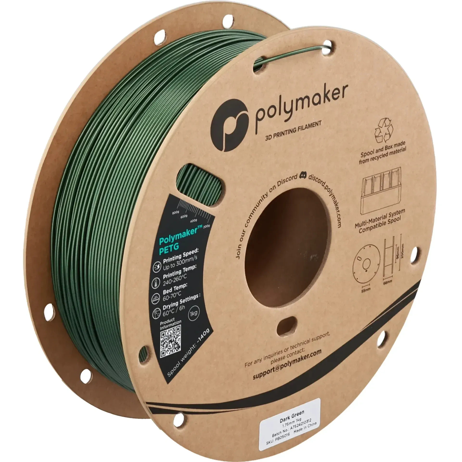 Polymaker PETG Dark Green, 1.75 mm 1 kg spool with a printed example