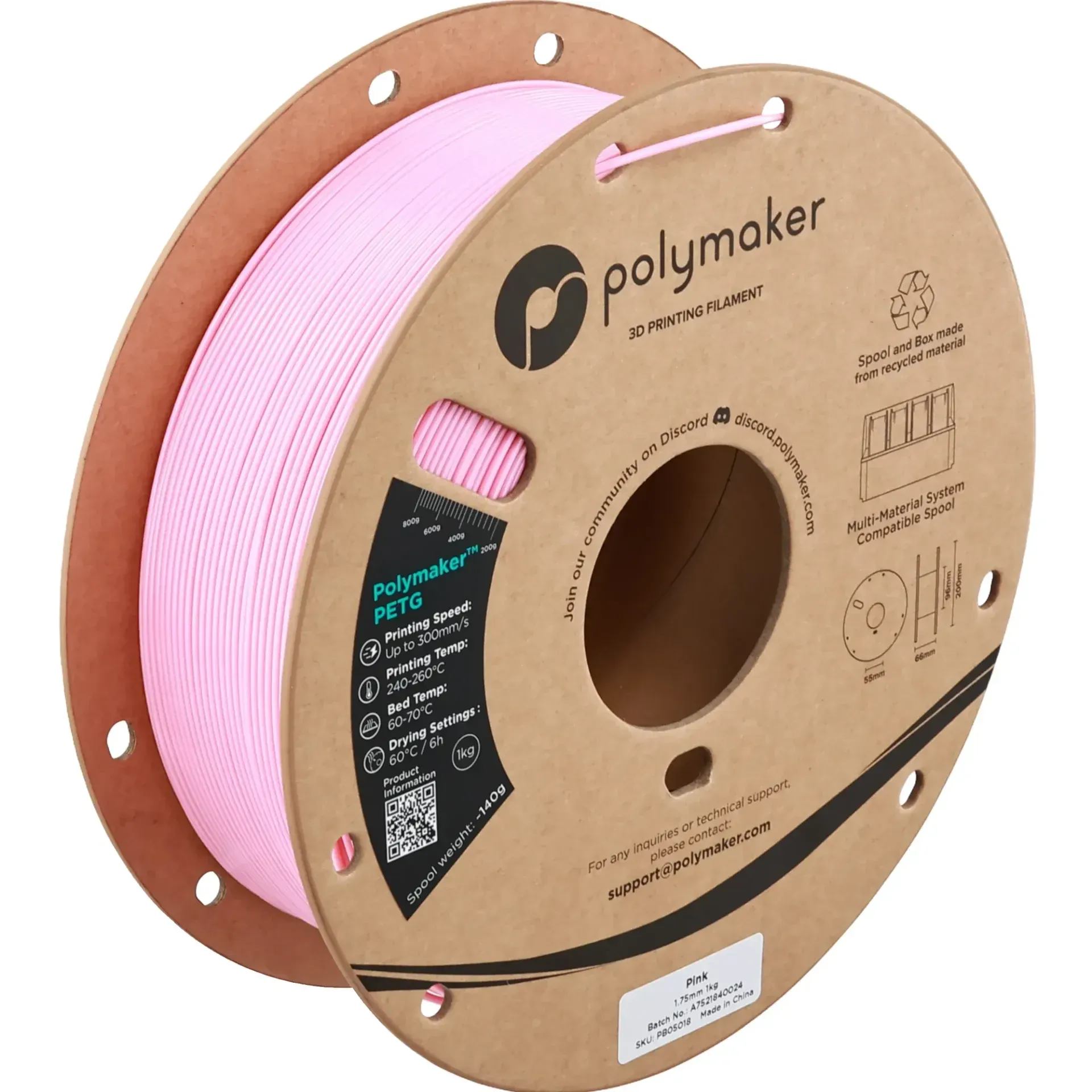 Polymaker PETG Pink, 1.75 mm 1 kg spool with a printed example
