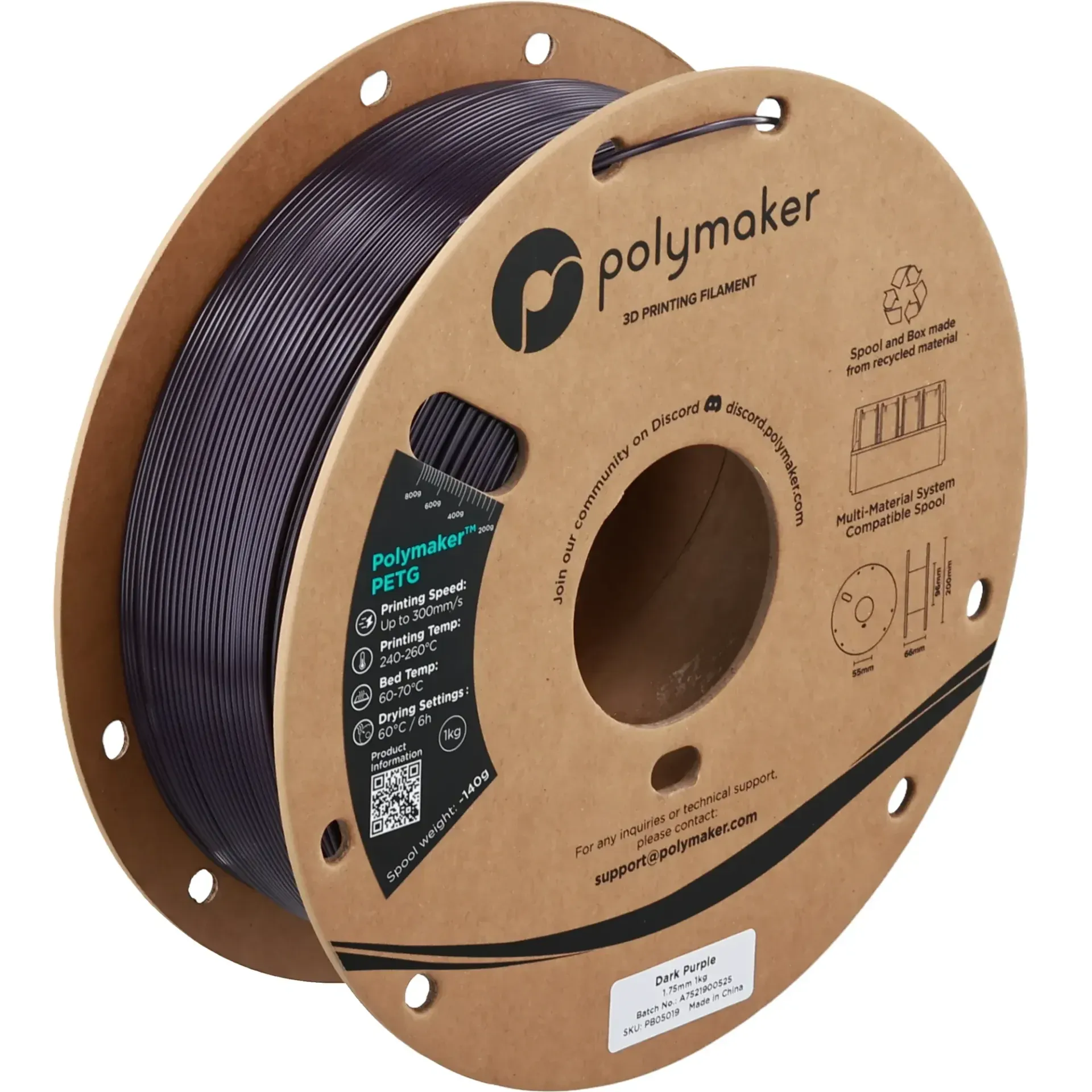 Polymaker PETG Dark Purple, 1.75 mm 1 kg spool with a printed example