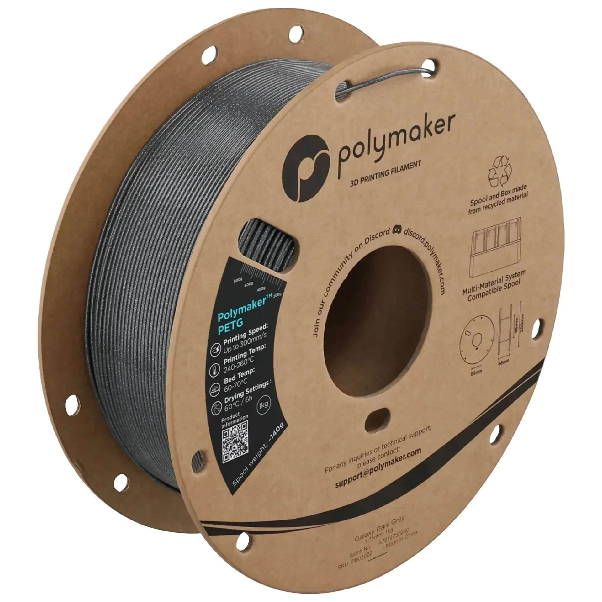 Polymaker PETG Galaxy Dark Grey, 1.75 mm 1 kg spool with a printed example