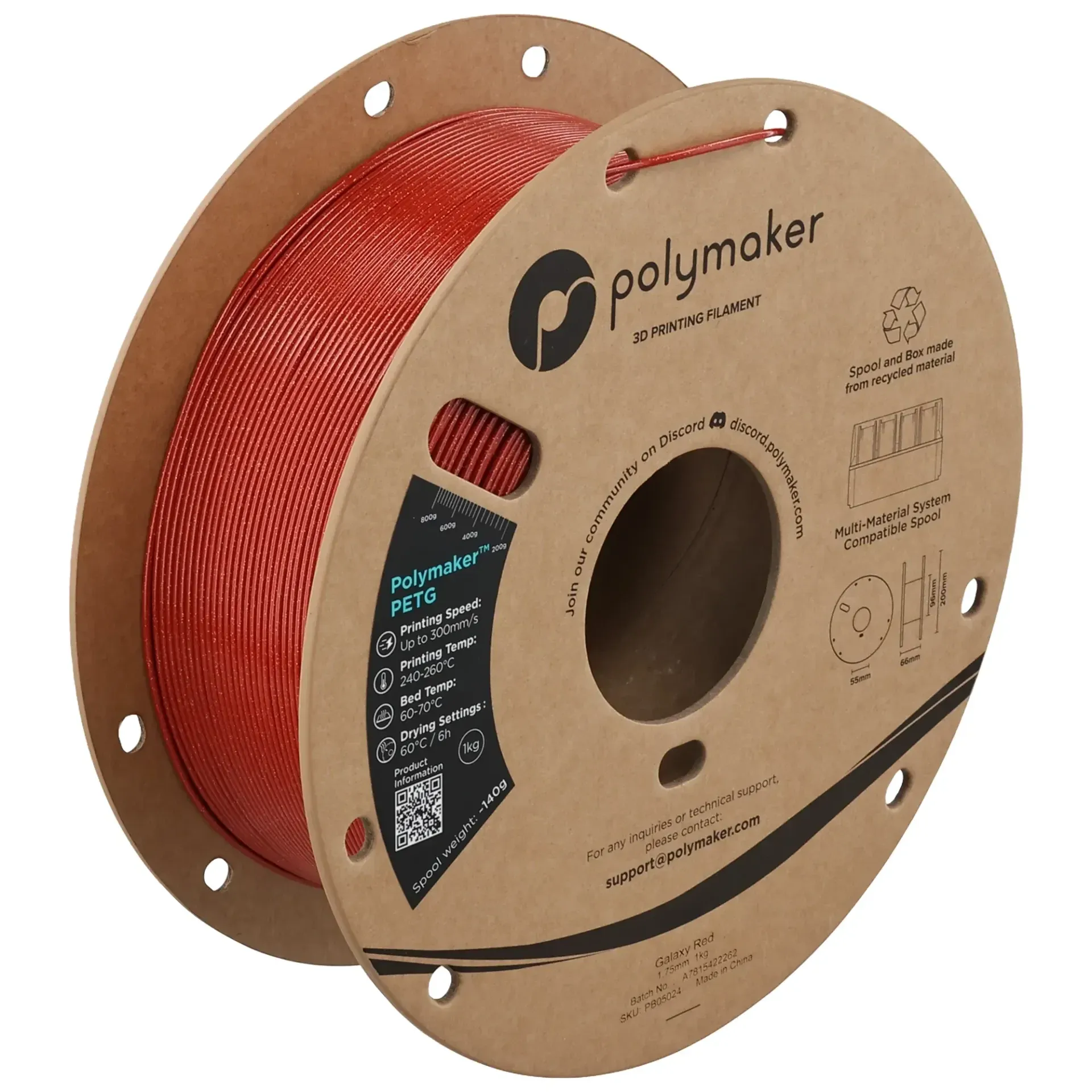 Polymaker PETG Galaxy Red, 1.75 mm 1 kg spool with a printed example
