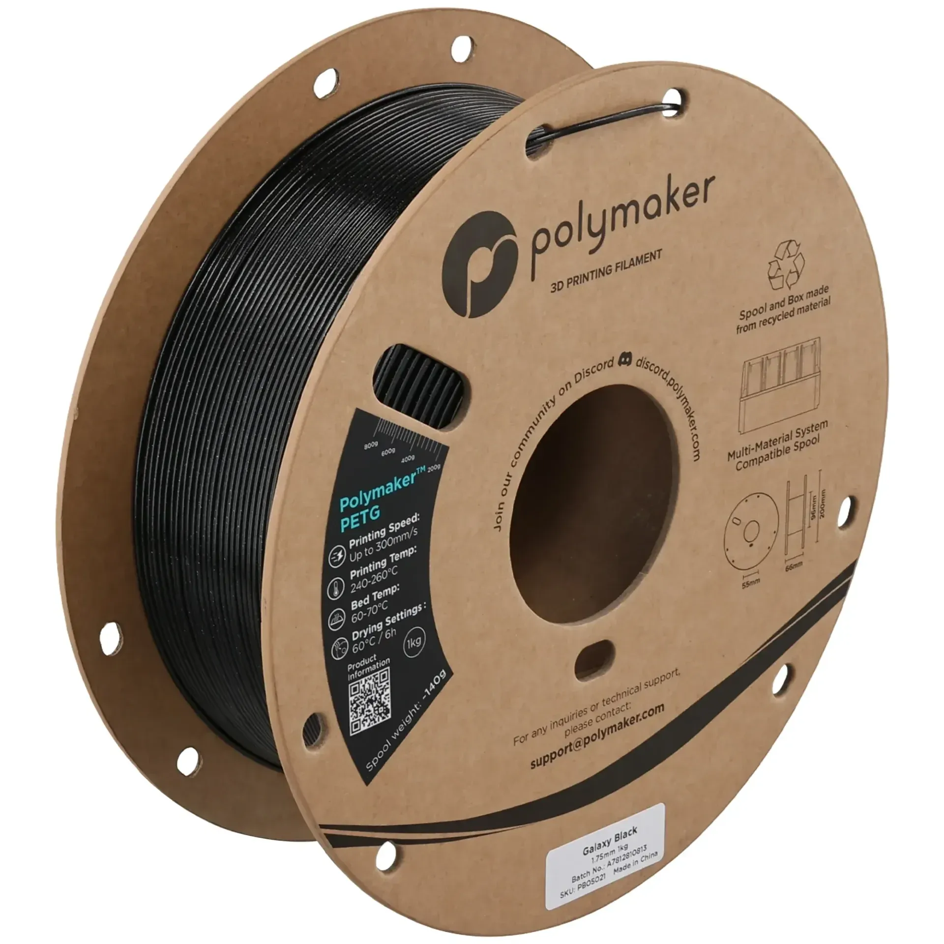 Polymaker PETG Galaxy Black, 1.75 mm 1 kg spool with a printed example