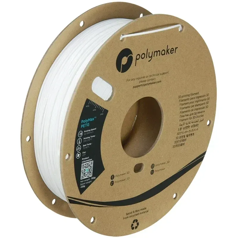 PolyMax PETG White, 1.75 mm 1 kg spool with a printed example