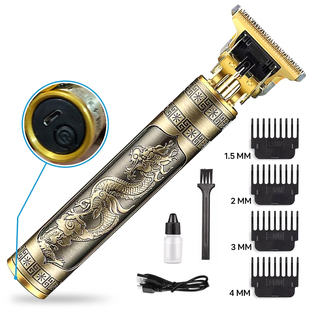 Vintage T9 Trimmer Professional Dragon Style Metal Rechargeable Electric Hair Clipper Cutting Machine - lazmy.com