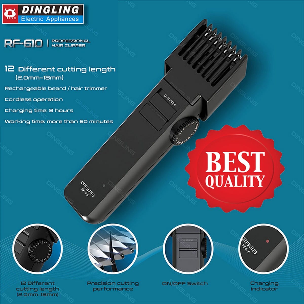 Dingling China Professional Manufacture 220V-240V Cordless Hair Clippers Adult Gold Hair Trimmer