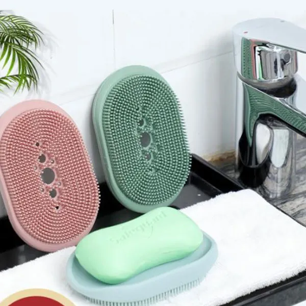 2 in 1 Silicone Soap Dish and Soft Brush Multifunctional Size 4 x 3 x 0.8 Inches Bathroom Accessories Holder for Bathing