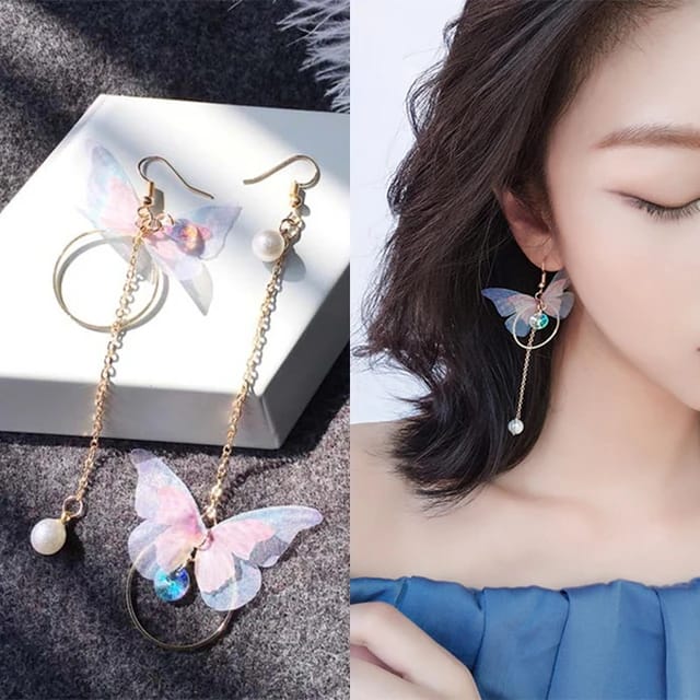 ELECTROPRIME Korean Fairy Yarn Butterfly Long Earrings Asymmetric Butterfly Imitation Pe G2A3