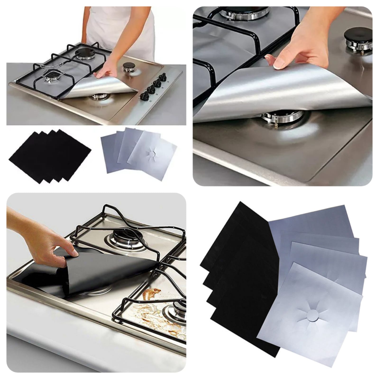Reusable Foil Gas Hob Range Stove top Burner Protector 4 PCs Set Black & Silver