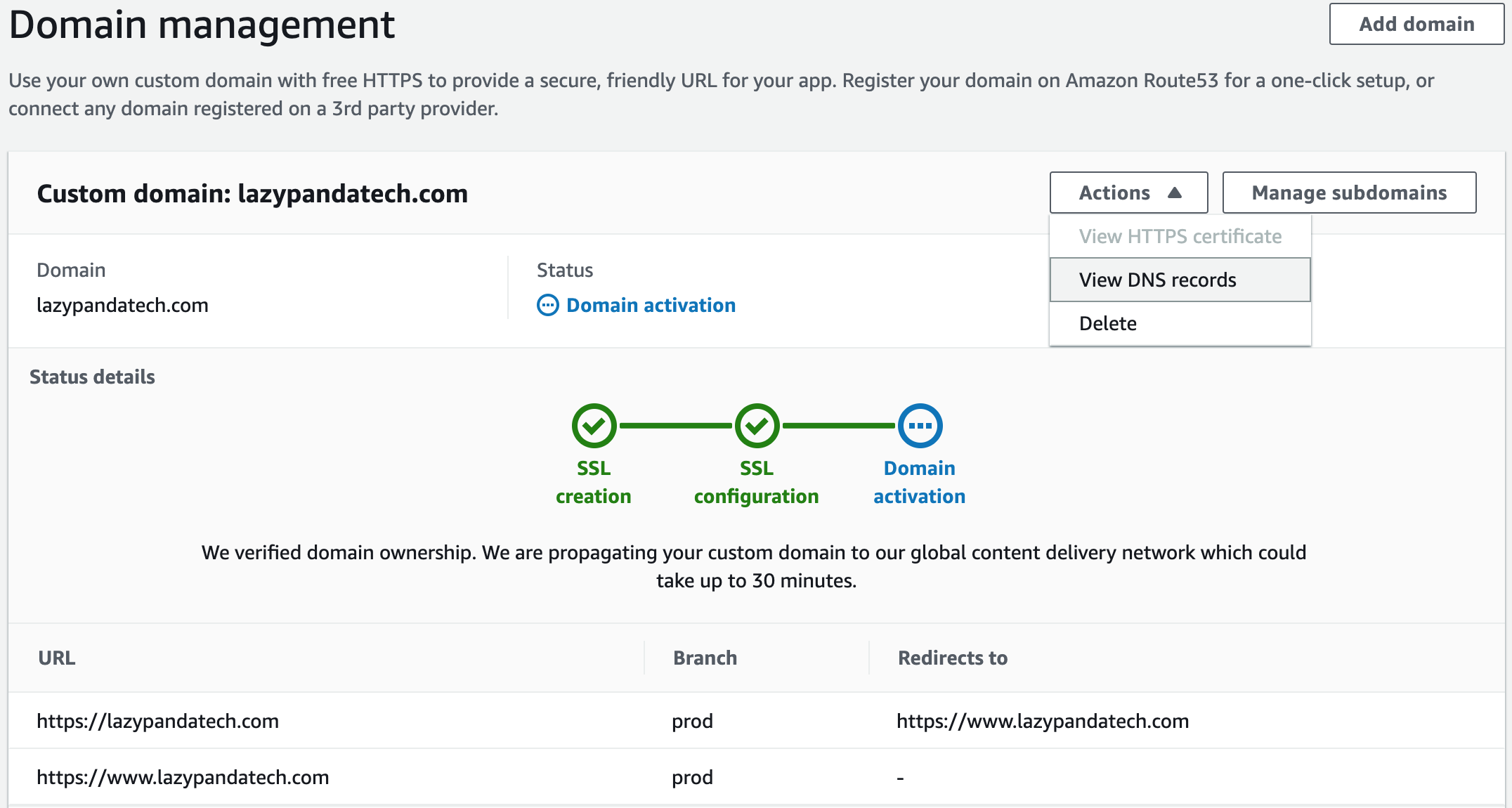 aws amplify custom domain DNS and CNAME