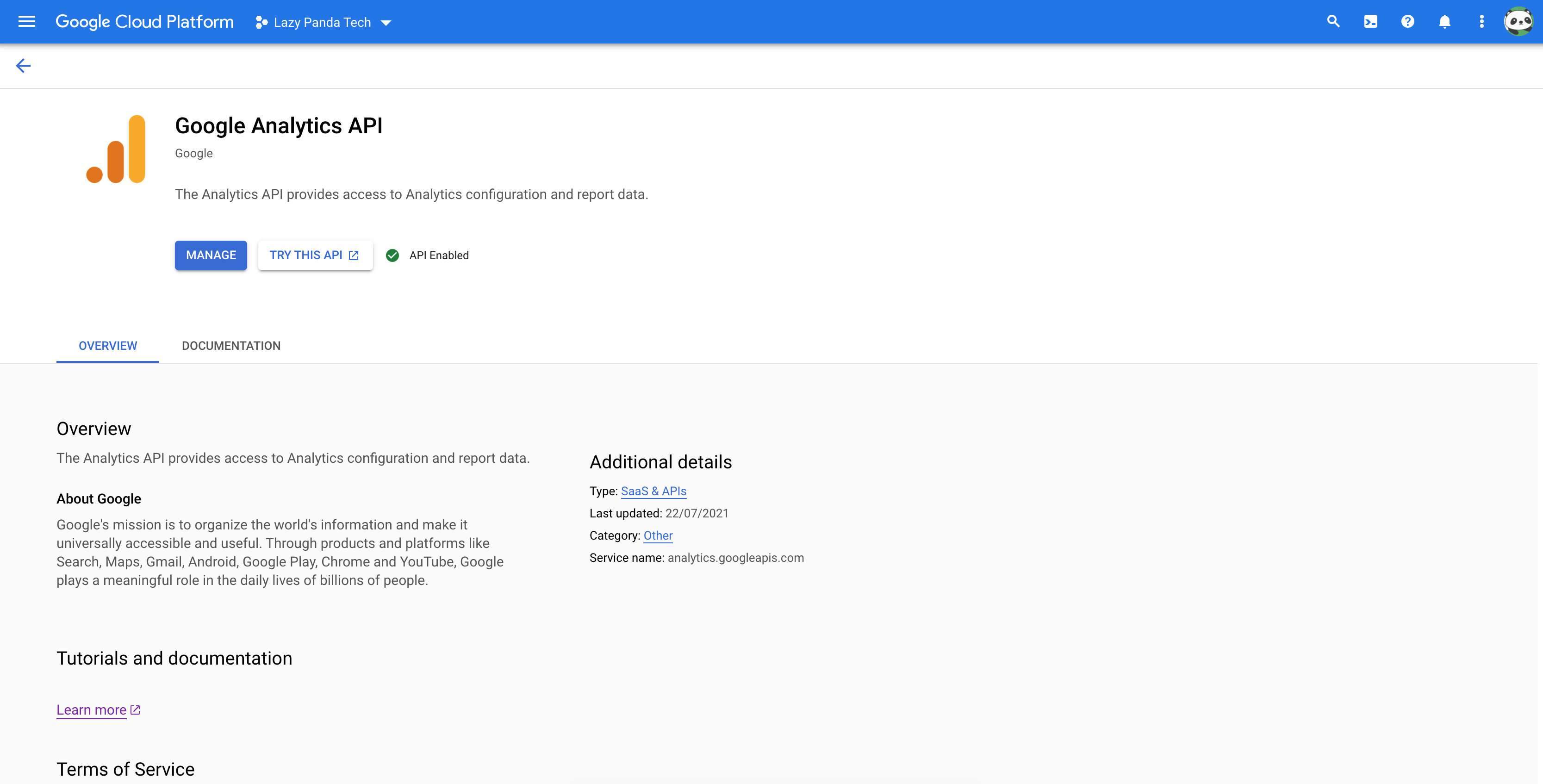 google-platform-console-analytics-REST-API-enabled