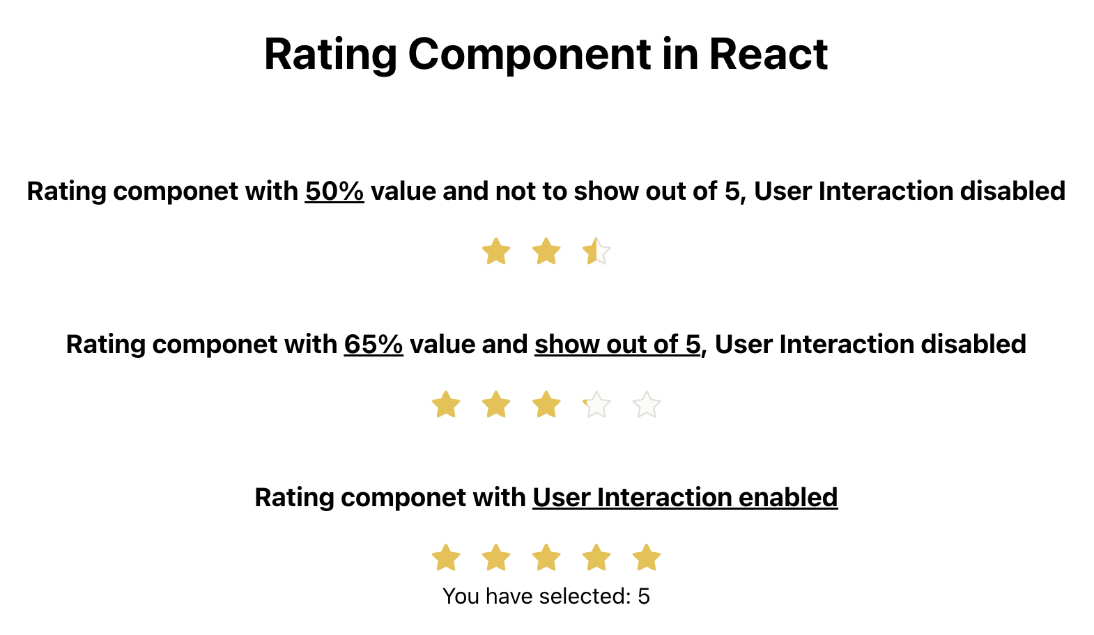 React star like rating component with percent value