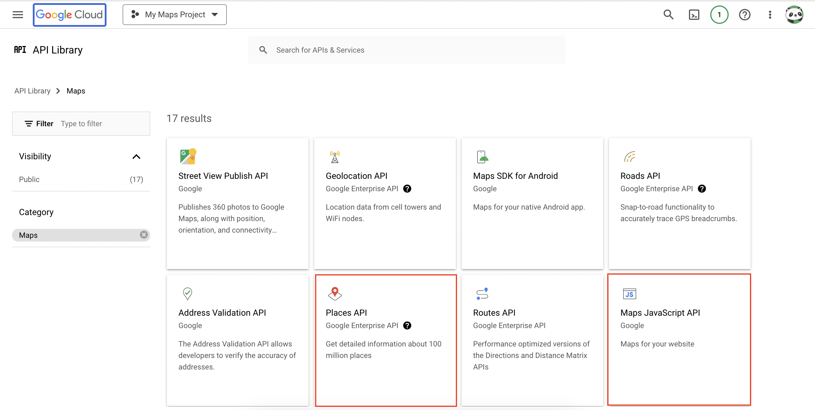 google place and javascript API enablement