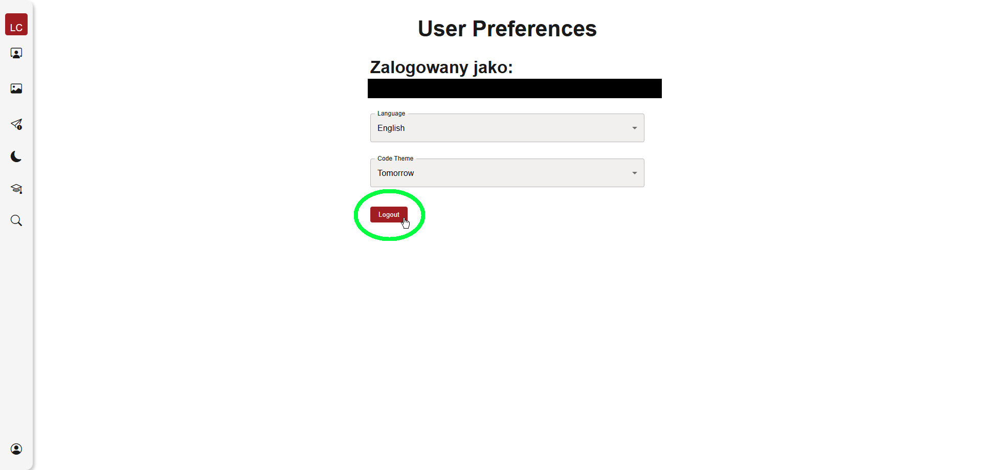 17. Lokalizacja przycisku *Logout* w ustawieniach użytkownika