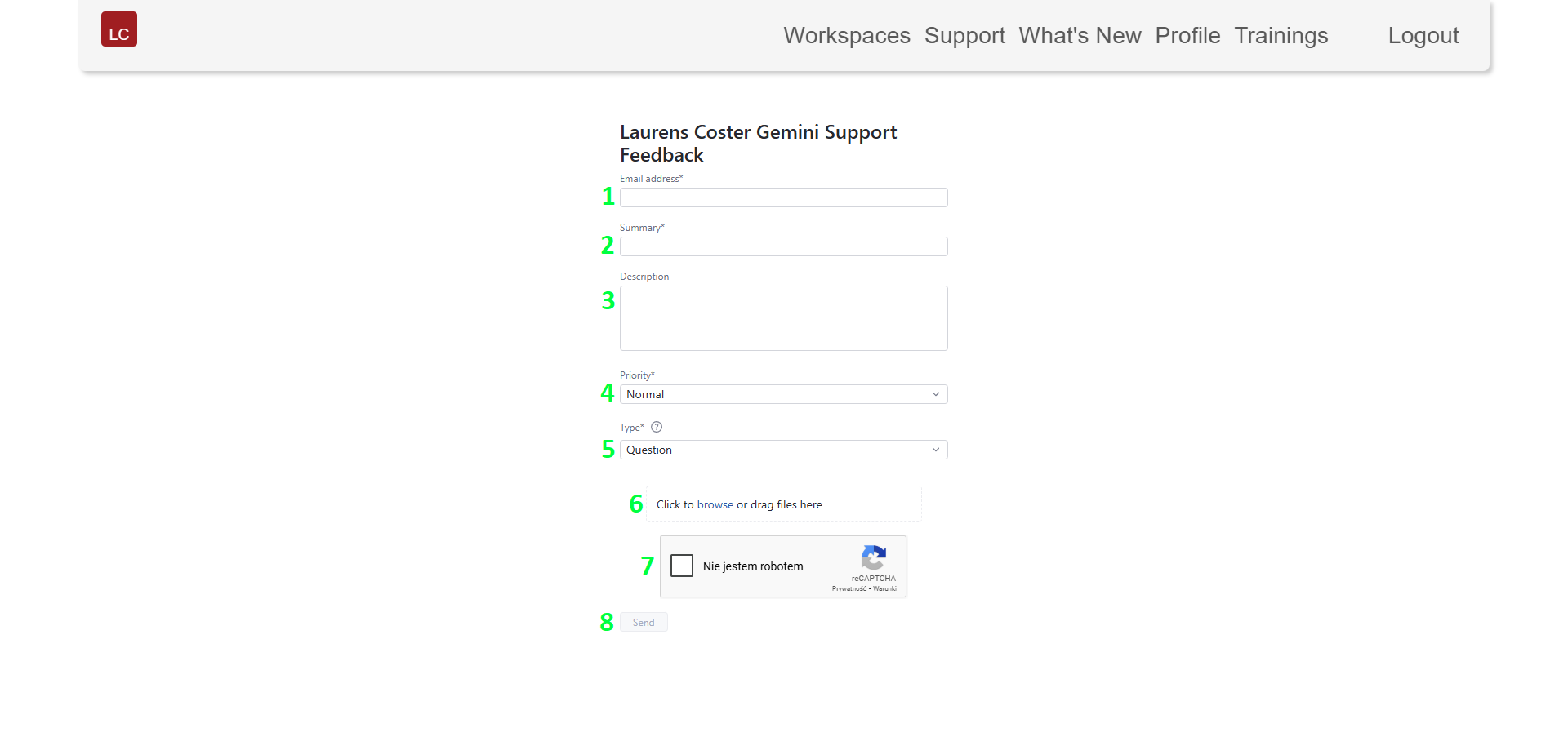 76. Formularz Laurens Coster Gemini Support Feedback