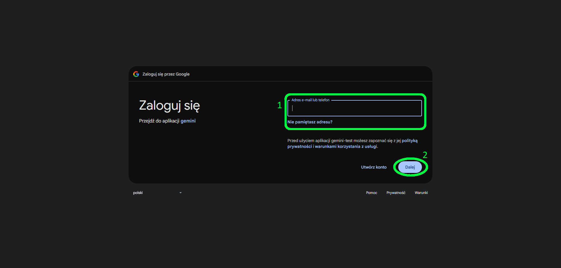 90. Pole do wprowadzenia email do Google