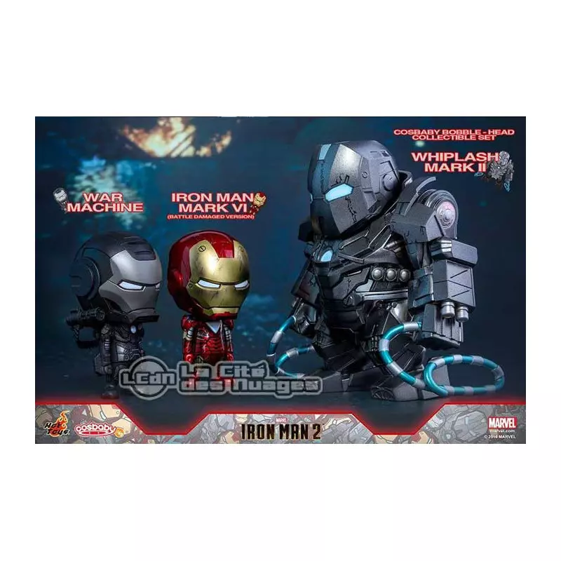 Hot Toys COSB270 Iron Man 2 Mark VI, War Machine &amp; Whiplash Mark II Cosbaby (S) Bobble-Head Collectible Set de 3