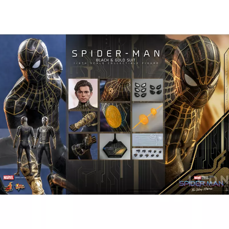 Hot Toys MMS604 Spider-Man No Way Home Collectible Action Figurine 1/6 Spider-Man (Black &amp; Gold Suit) 28cm