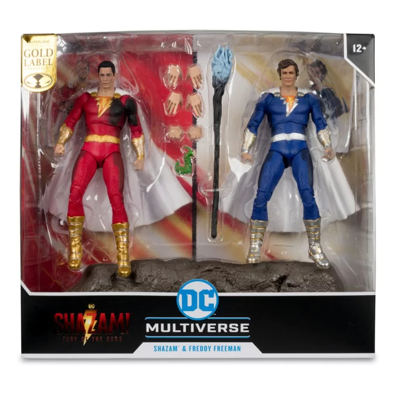 DC Multiverse Pack de 2 Action Figurines Shazam (Battle Damage) &amp; Freddie Freeman (Gold Label) 18cm