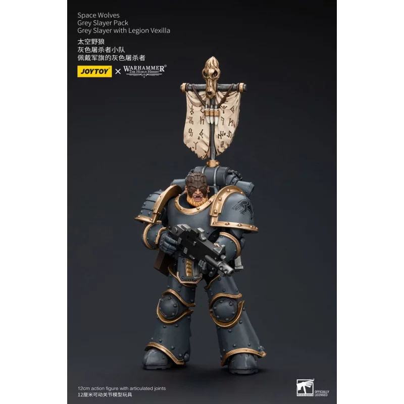 Warhammer The Horus Heresy Action Figurine 1/18 Space Wolves Grey Slayer Pack Grey Slayer With Legion Vexilla 12cm