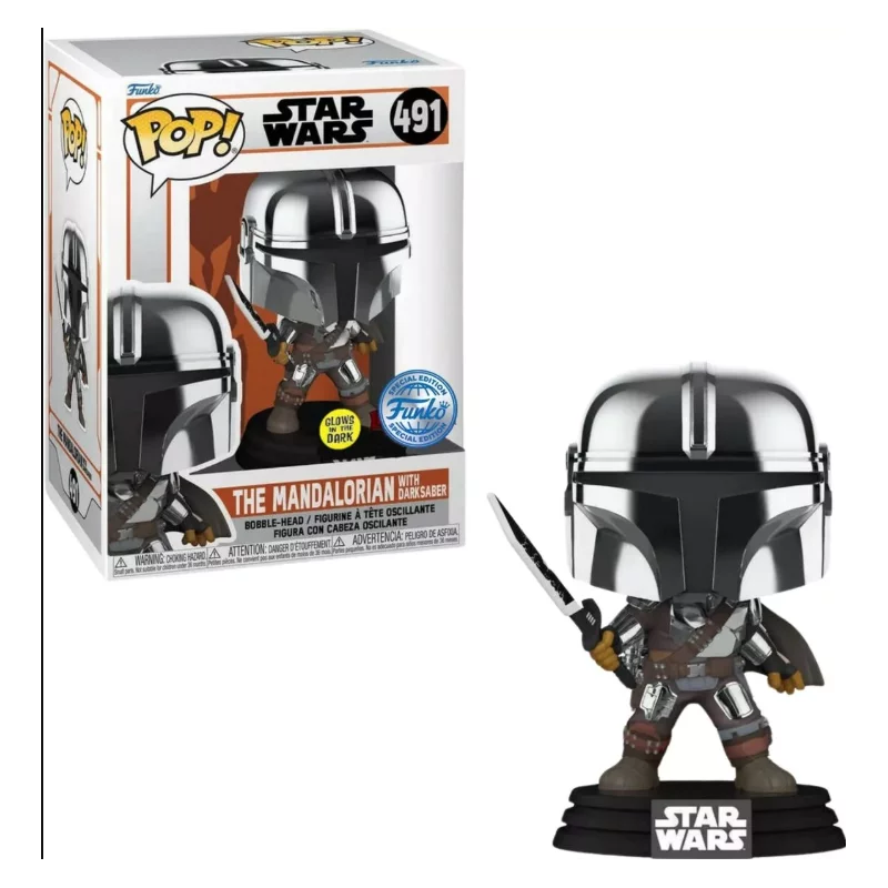 Star Wars: The Mandalorian POP! Television Mando with Darksaber Chrome Glow in the Dark Special Edition Vinyl Figure 10cm N°491