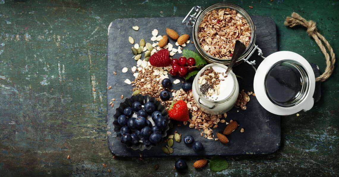 Fruits, nuts, granola and yogurt