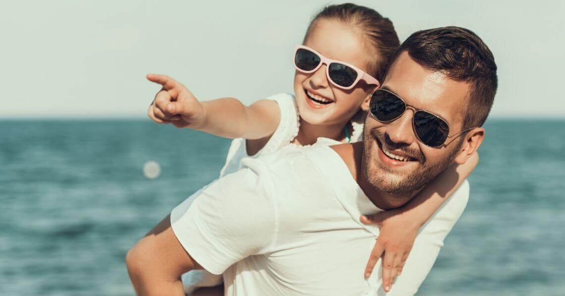 A father and daughter wearing sun glasses