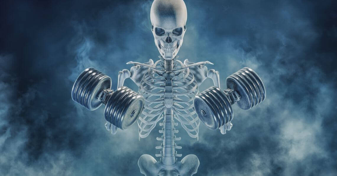 Skeleton working out with dumbells