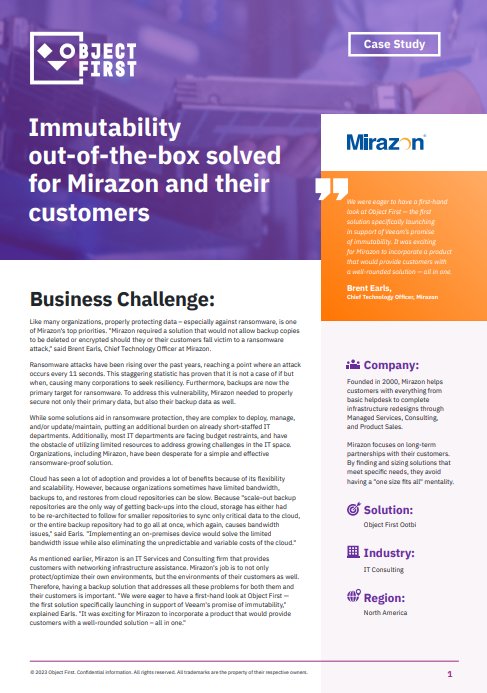 Immutability  out-of-the-box solved  for Mirazon and their  customers