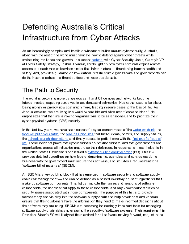 Defending Australia's Critical Infrastructure from Cyber Attacks