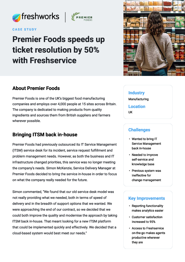 Premier Foods speeds up ticket resolution by 50% with Freshservice