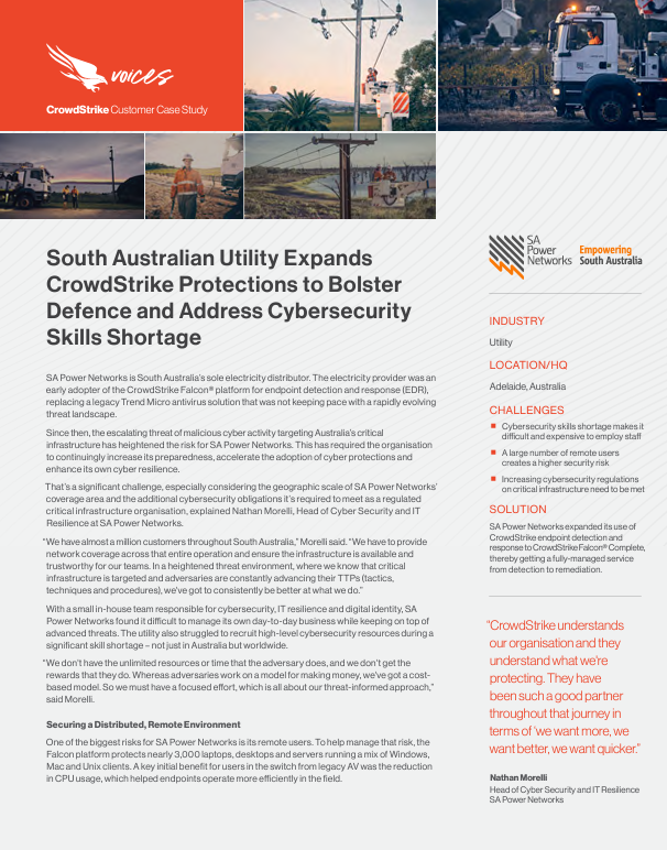  South Australian Utility Expands CrowdStrike Protections to Bolster Defence and Address Cybersecurity Skills Shortage