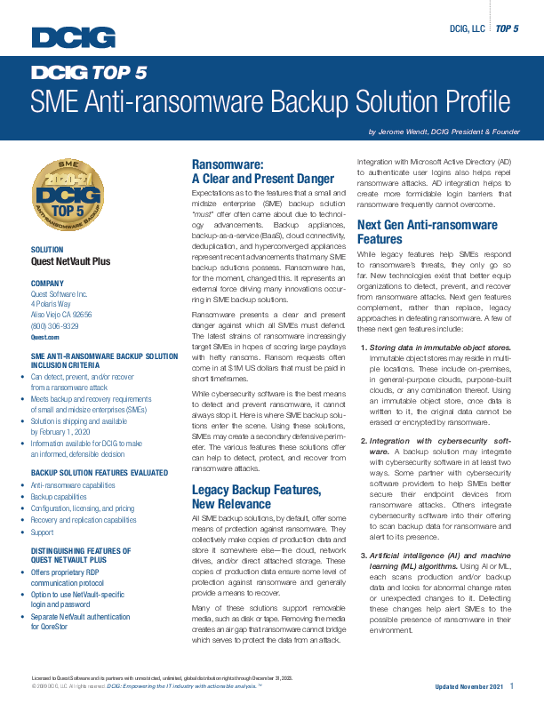 SME Anti-ransomware Backup Solution Profile