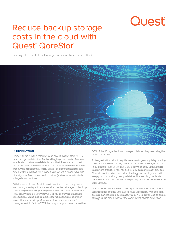 Reduce backup storage costs in the cloud with Quest<sup>®</sup>QoreStor<sup>®</sup>