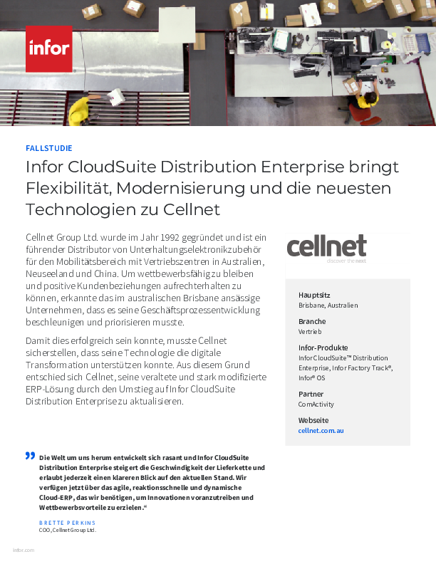 Infor CloudSuite Distribution Enterprise bringt  Flexibilität, Modernisierung und die neuesten  Technologien zu Cellnet