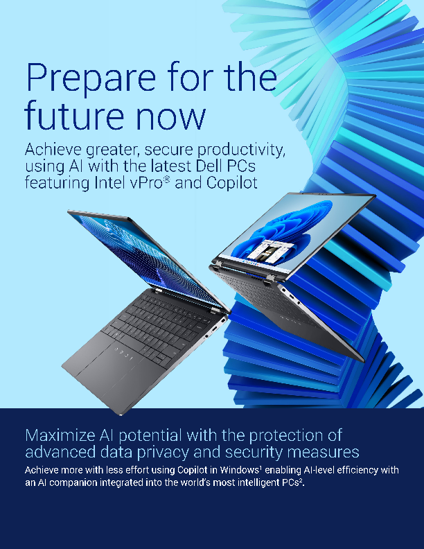 Prepare for the future now. Achieve greater, secure productivity, using AI with the latest Dell PCs featuring Intel vPro<sup>®</sup>and Copilot.