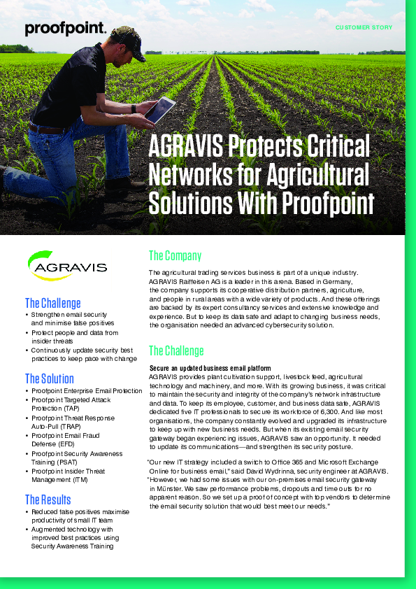 AGRAVIS Protects Critical  Networks for Agricultural  Solutions With Proofpoint
