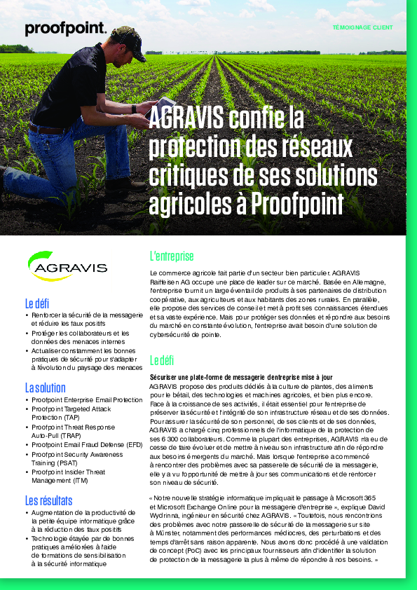 AGRAVIS confie la protection des réseaux  critiques de ses solutions  agricoles à Proofpoint