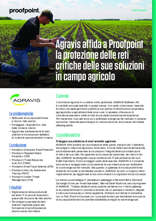 Agravis affida a Proofpoint la protezione delle reti  critiche delle sue soluzioni  in campo agricolo