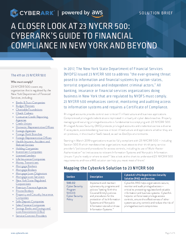 A CLOSER LOOK AT 23 NYCRR 500: CYBERARK’S GUIDE TO FINANCIAL COMPLIANCE IN NEW YORK AND BEYOND
