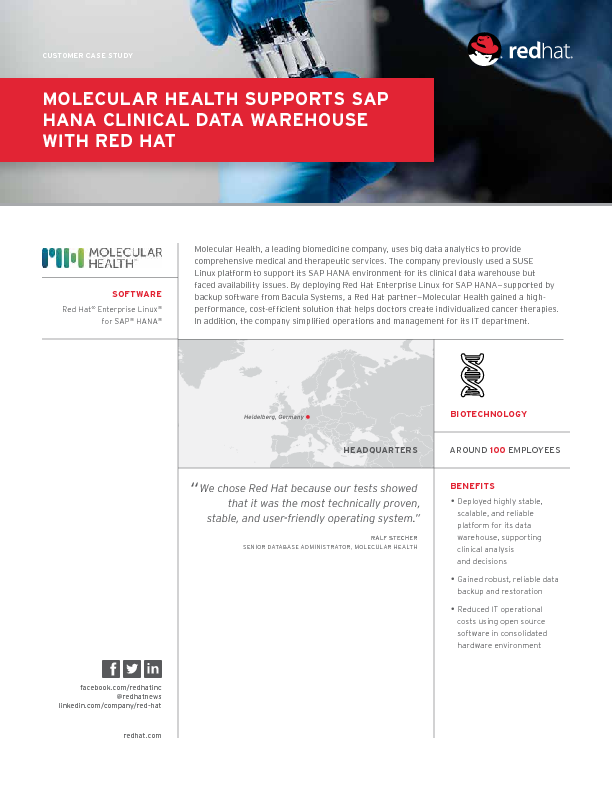 Molecular Health supports SAP HANA Clinical Data Warehouse with Red Hat