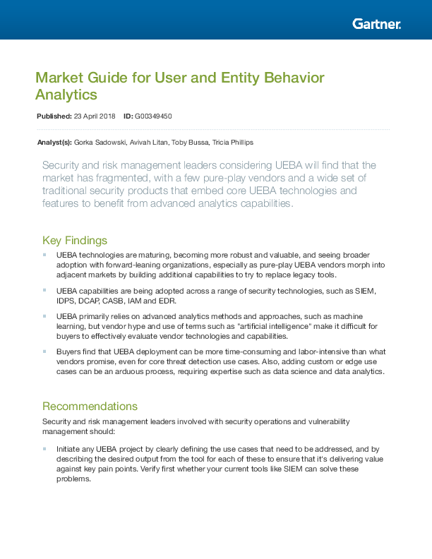 Gartner Guide: Market Guide for User and Entity Behavior Analytics